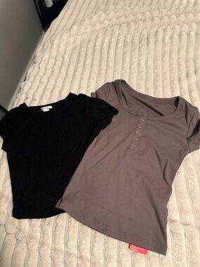 Two Women's Ribbed Tee Tops - Black & Taupe